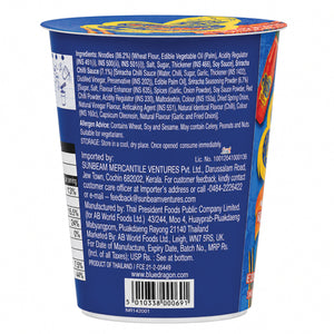 Back view of a blue instant noodle cup with text and branding