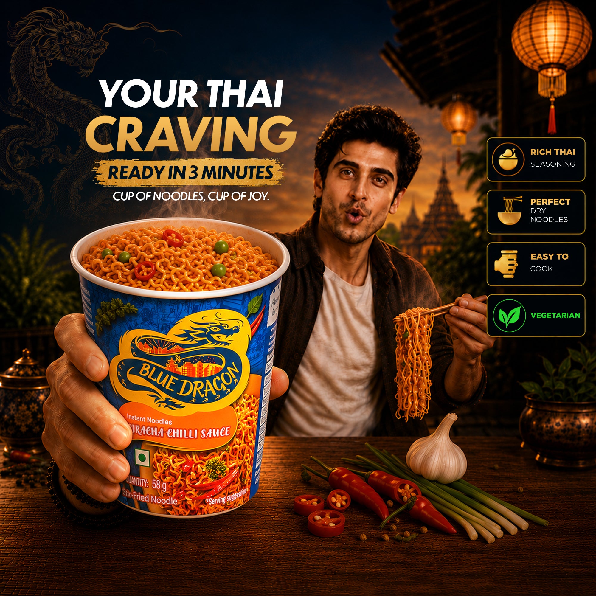 Person holding a Blue Dragon instant noodles cup with Thai-themed background