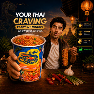 Person holding a Blue Dragon instant noodles cup with Thai-themed background