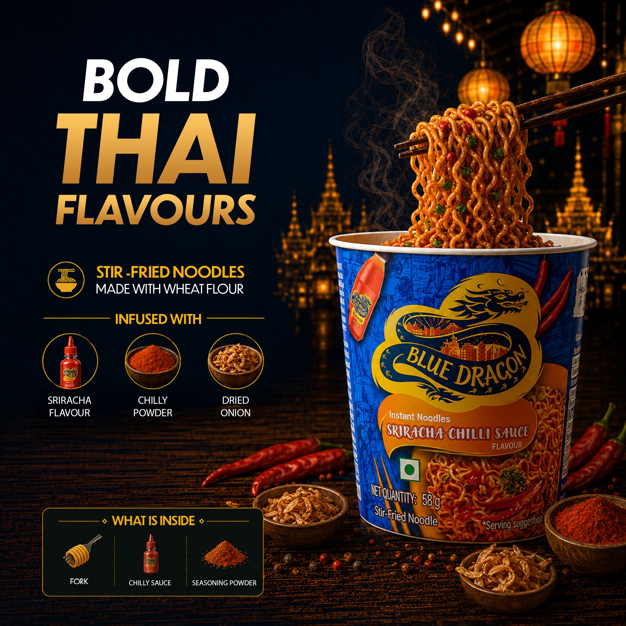 Blue Dragon instant noodles with sriracha chili sauce flavor on a dark background