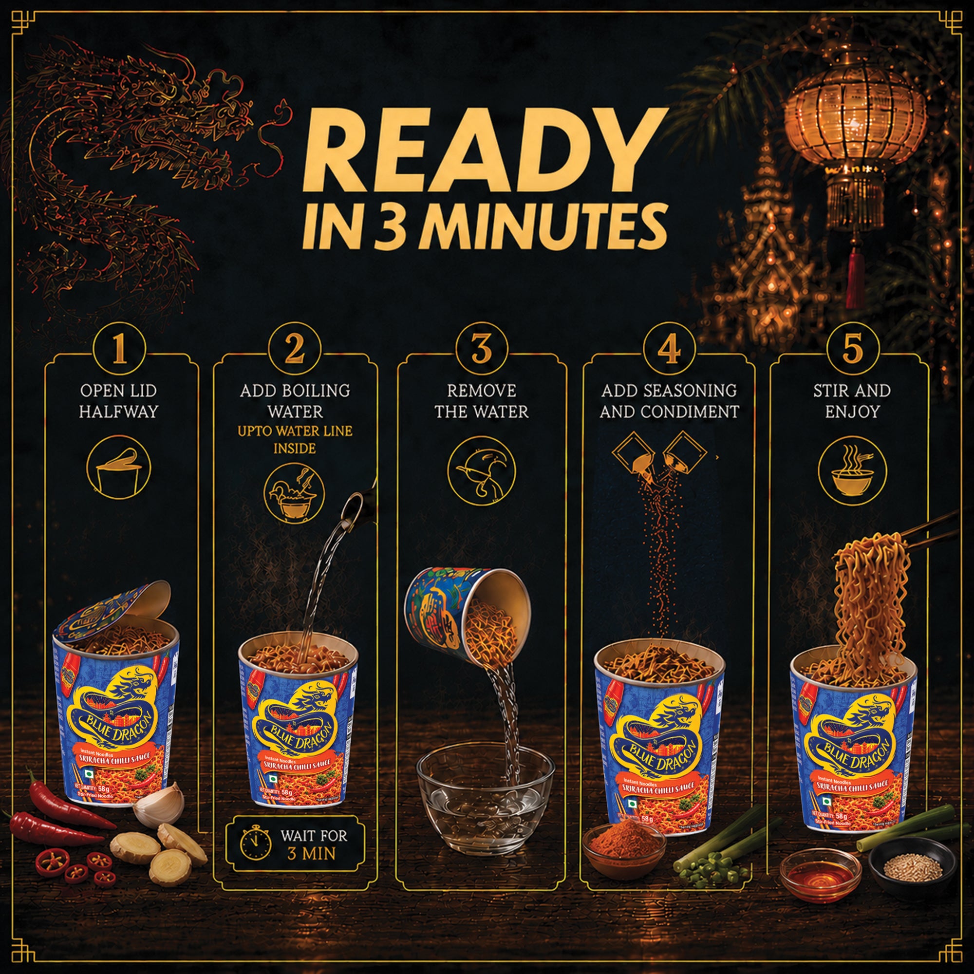 Step-by-step guide for preparing a instant noodle cup with ingredients and instructions.