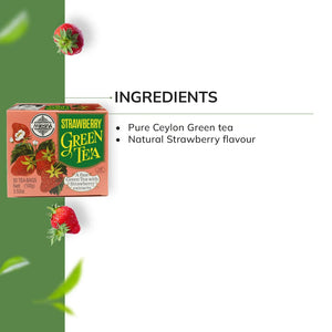 Strawberry green tea 100g box with ingredients list and strawberry visuals