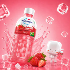 Strawberry juice drink with nata-de-coco, 320ml bottle, fresh strawberries, ice cubes, and cute character on pink background