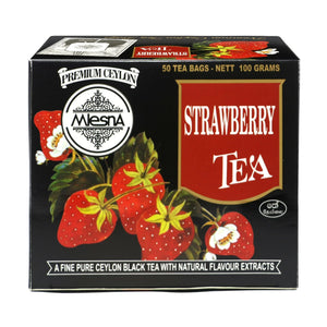 Box of Ceylon strawberry black tea with red strawberries and product label on packaging
