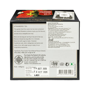 Strawberry tea box with product details, Ceylon tea, strawberry flavor, 100g package