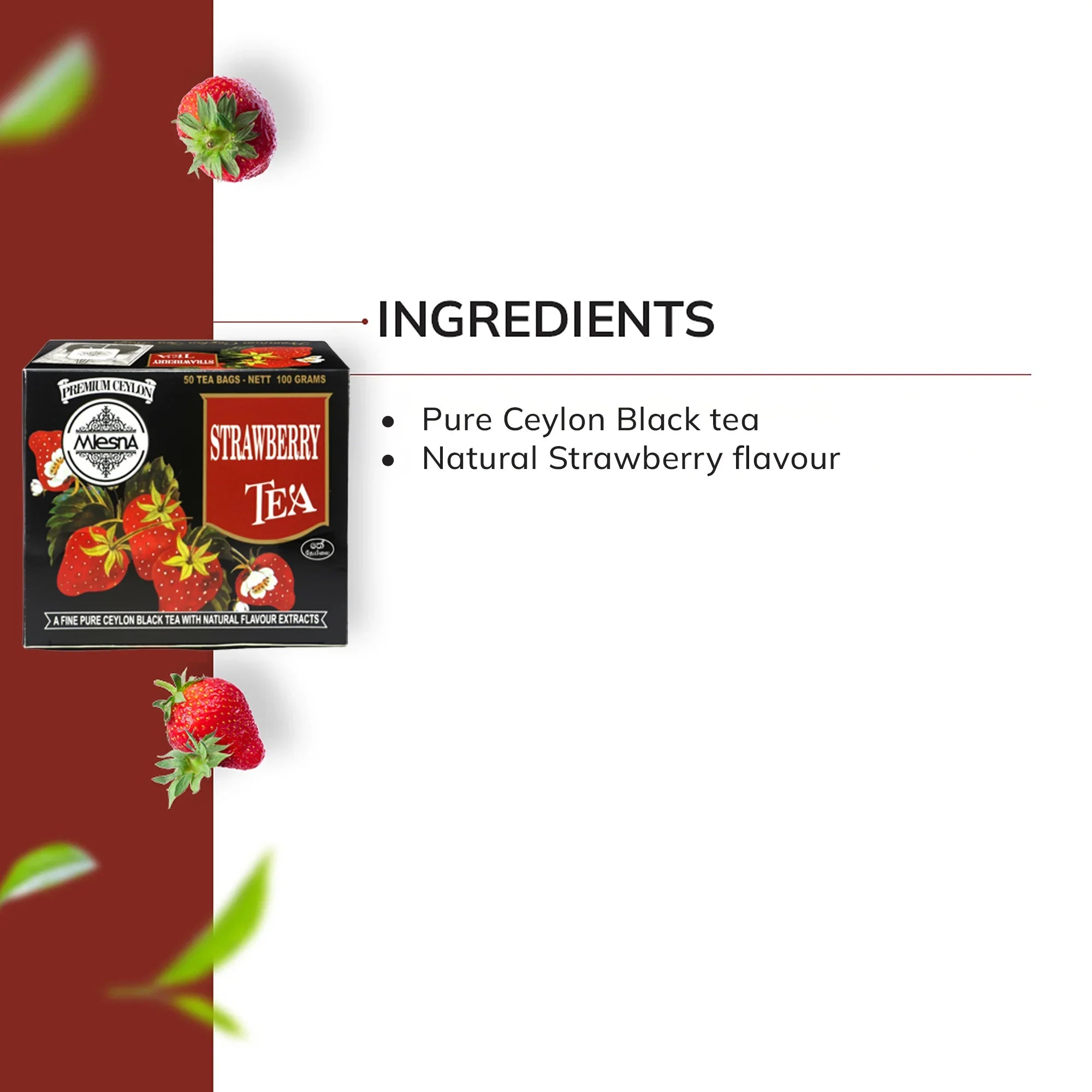 Box of strawberry tea with fresh strawberries and listed ingredients: Pure Ceylon black tea, natural strawberry flavour.