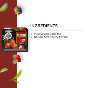Box of strawberry tea with fresh strawberries and listed ingredients: Pure Ceylon black tea, natural strawberry flavour.