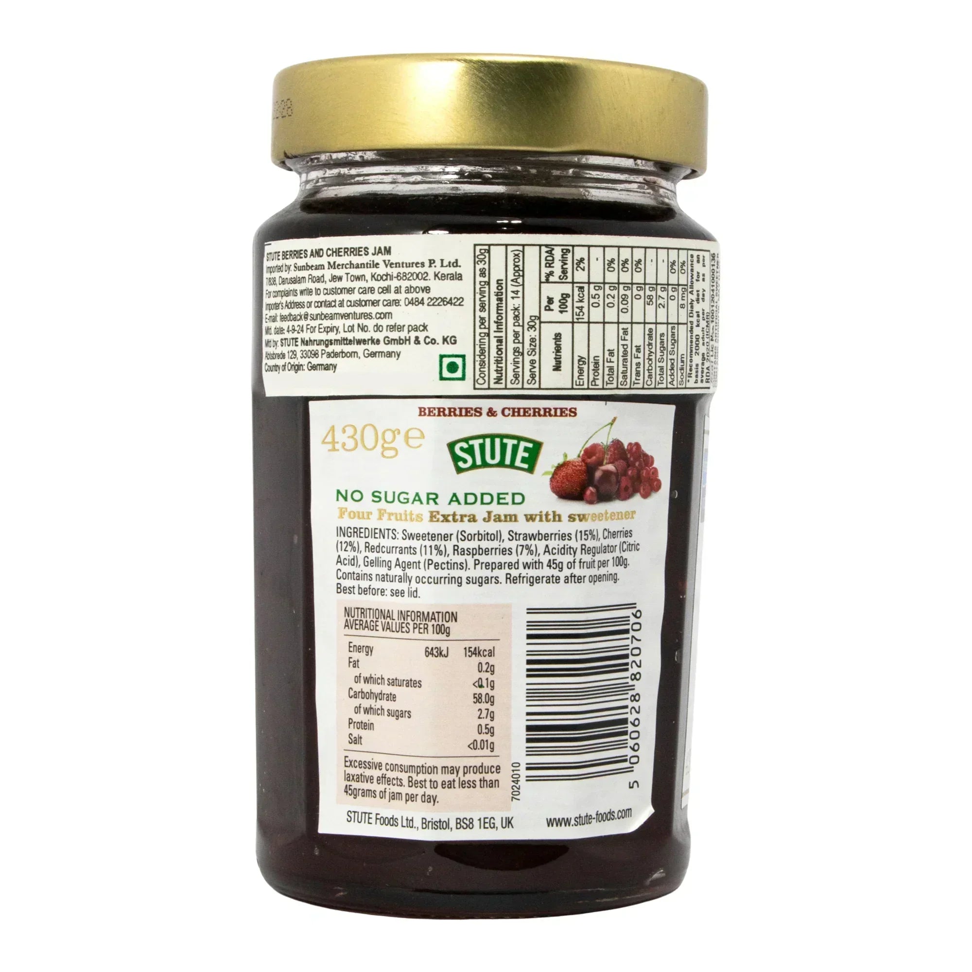 Stute Berries and Cherries no sugar added jam jar with nutrition facts label