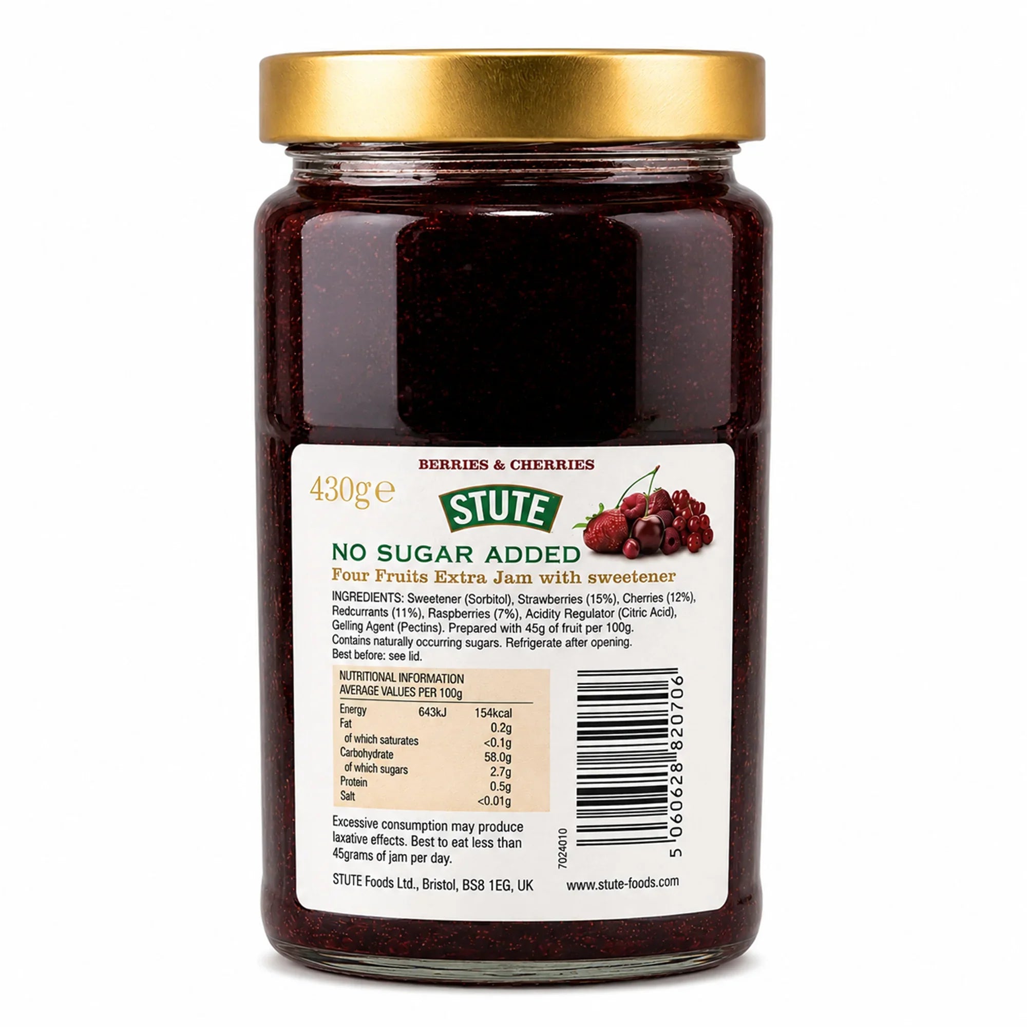 Jar of Stute no sugar added jam with a gold lid on a white background
