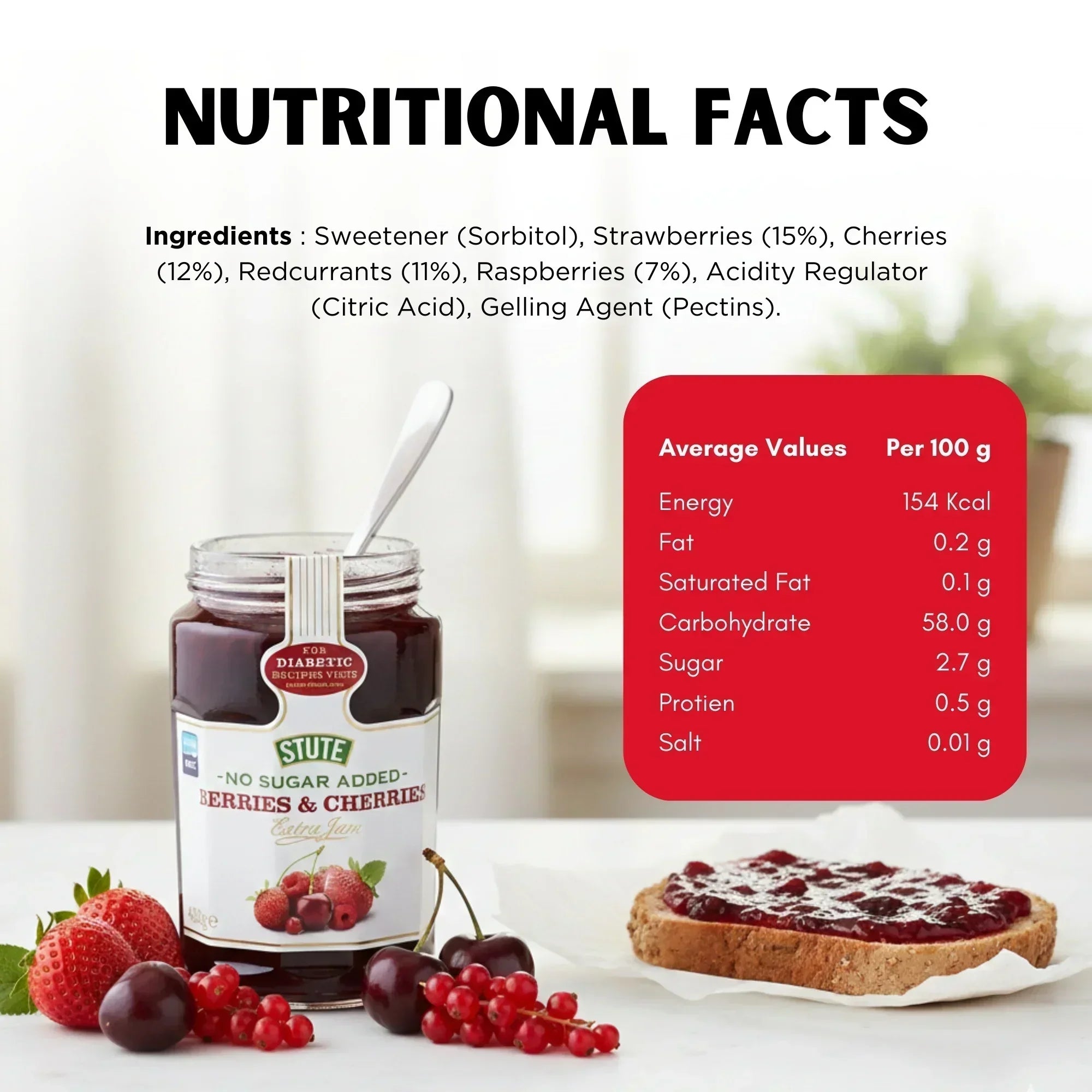 Jar of Stute no sugar added berries and cherries extra jam with fresh berries and slice of bread with jam