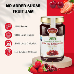 Jar of Stute no added sugar berries and cherries fruit jam with fresh strawberries and cherries on wooden stand