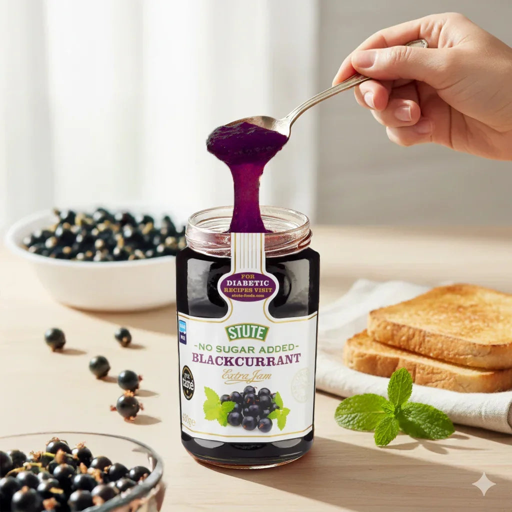 Jar of Stute no sugar added blackcurrant jam with spoon, fresh blackcurrants, toast, and mint on wooden table