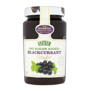 Jar of Stute no sugar added blackcurrant extra jam with blackcurrants and leaves on label