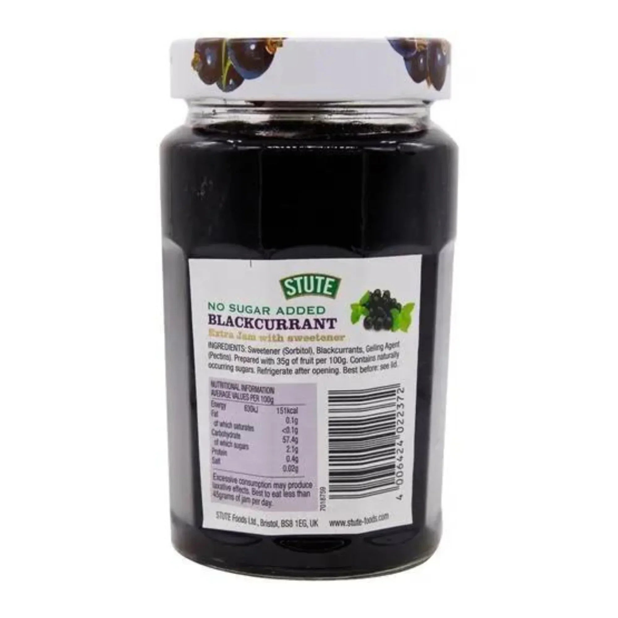 Jar of Stute no sugar added blackcurrant jam with sweetener on white background