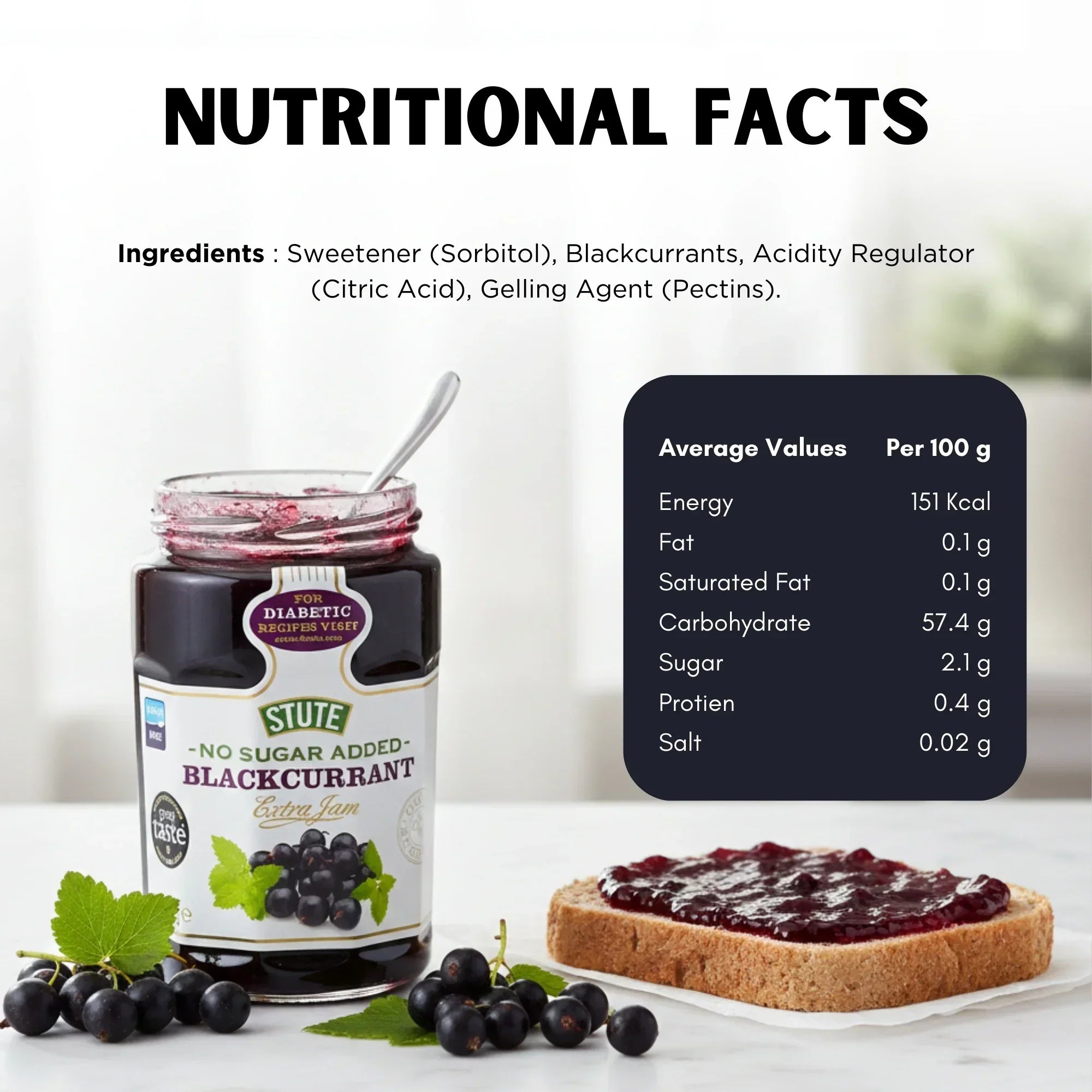 Stute no sugar added blackcurrant jam jar with nutritional facts and blackcurrants beside bread slice with jam