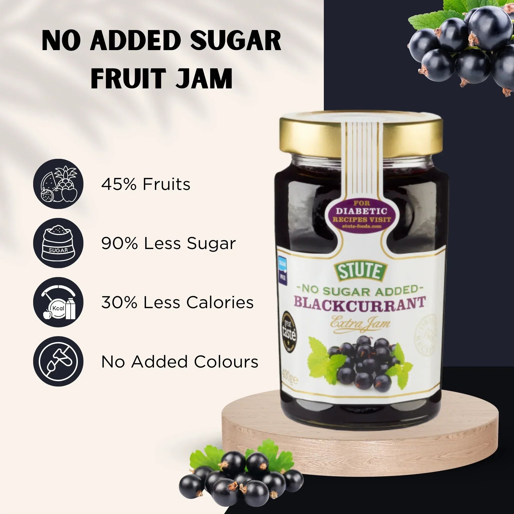 Stute No Sugar Added Blackcurrant jam jar on wooden platform with health benefits and fresh blackcurrants
