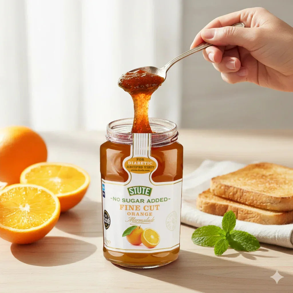 Hand scooping Stute no sugar added fine cut orange marmalade from jar with fresh oranges and toast on table