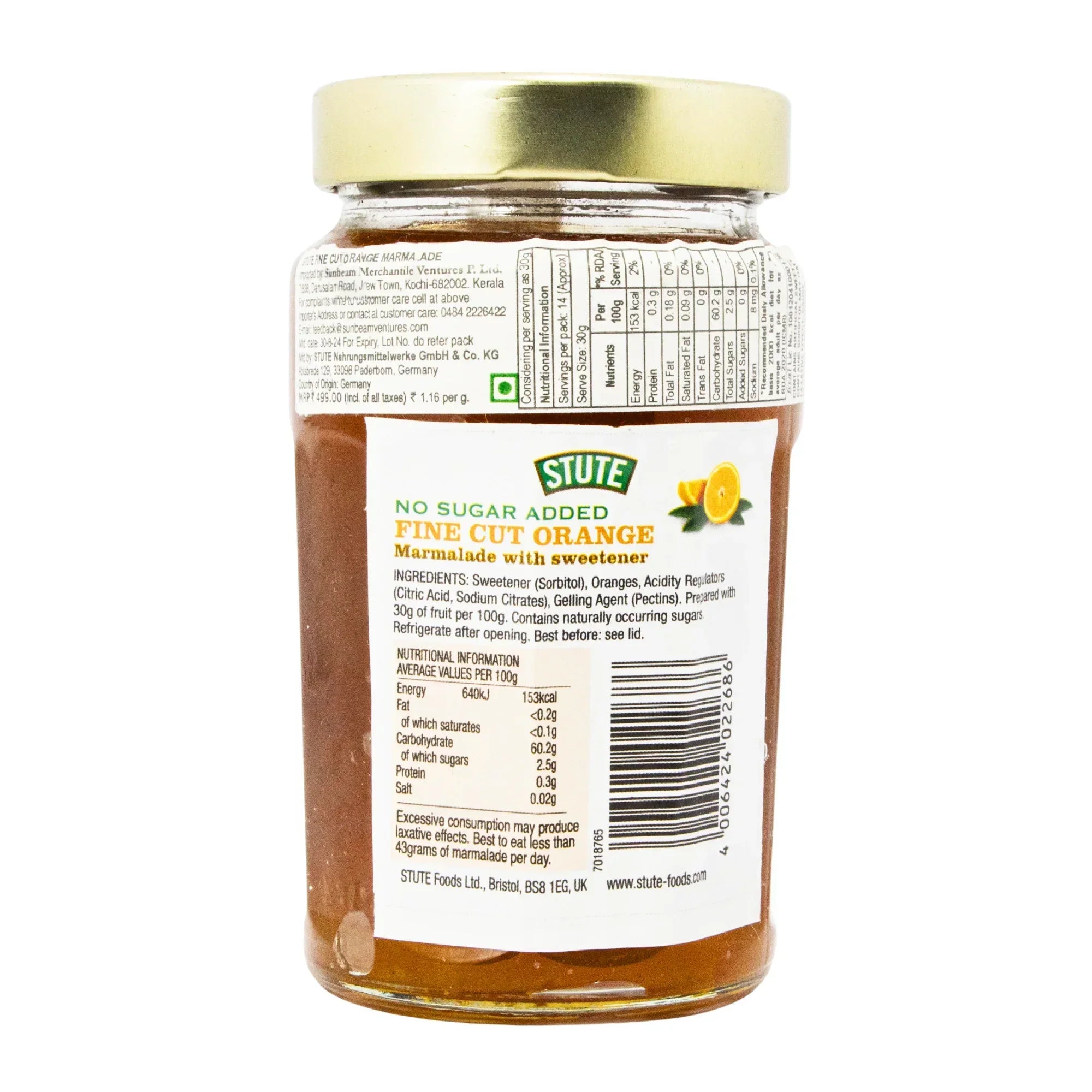 Jar of Stute no sugar added fine cut orange marmalade with sweetener and nutritional information label