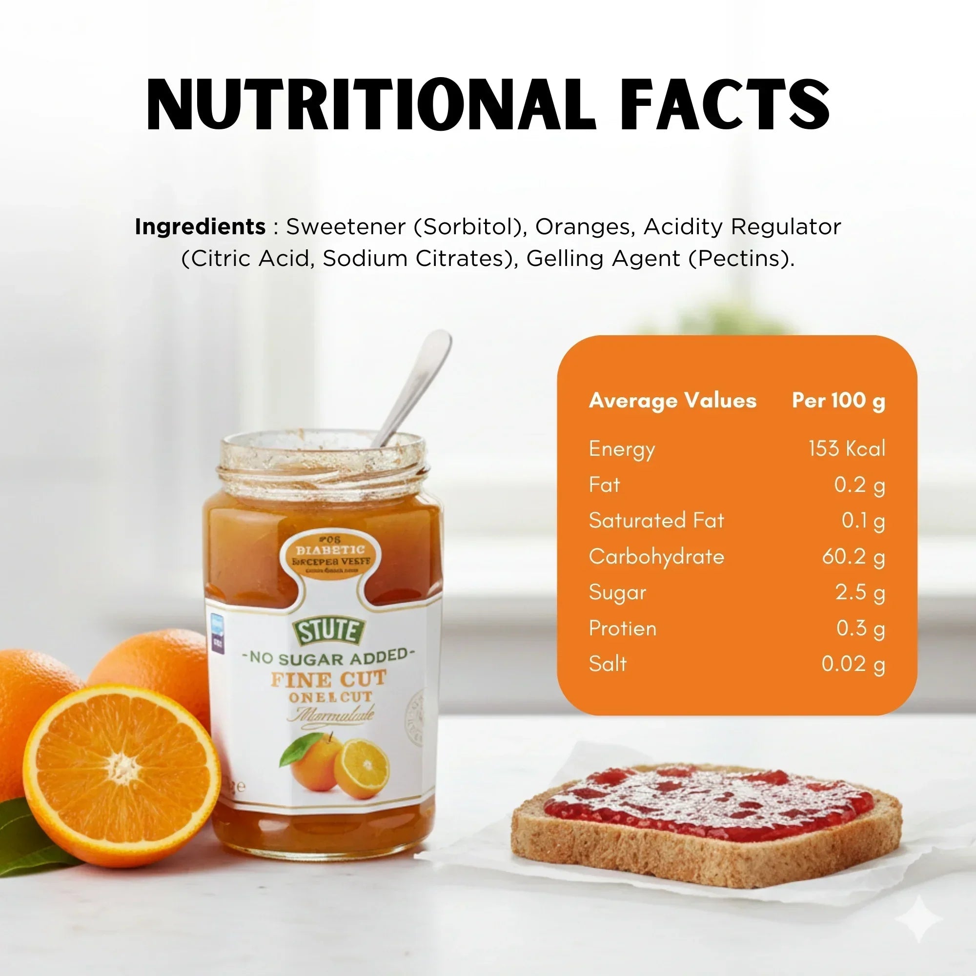 Jar of Stute no sugar added fine cut orange marmalade with oranges and slice of bread with marmalade