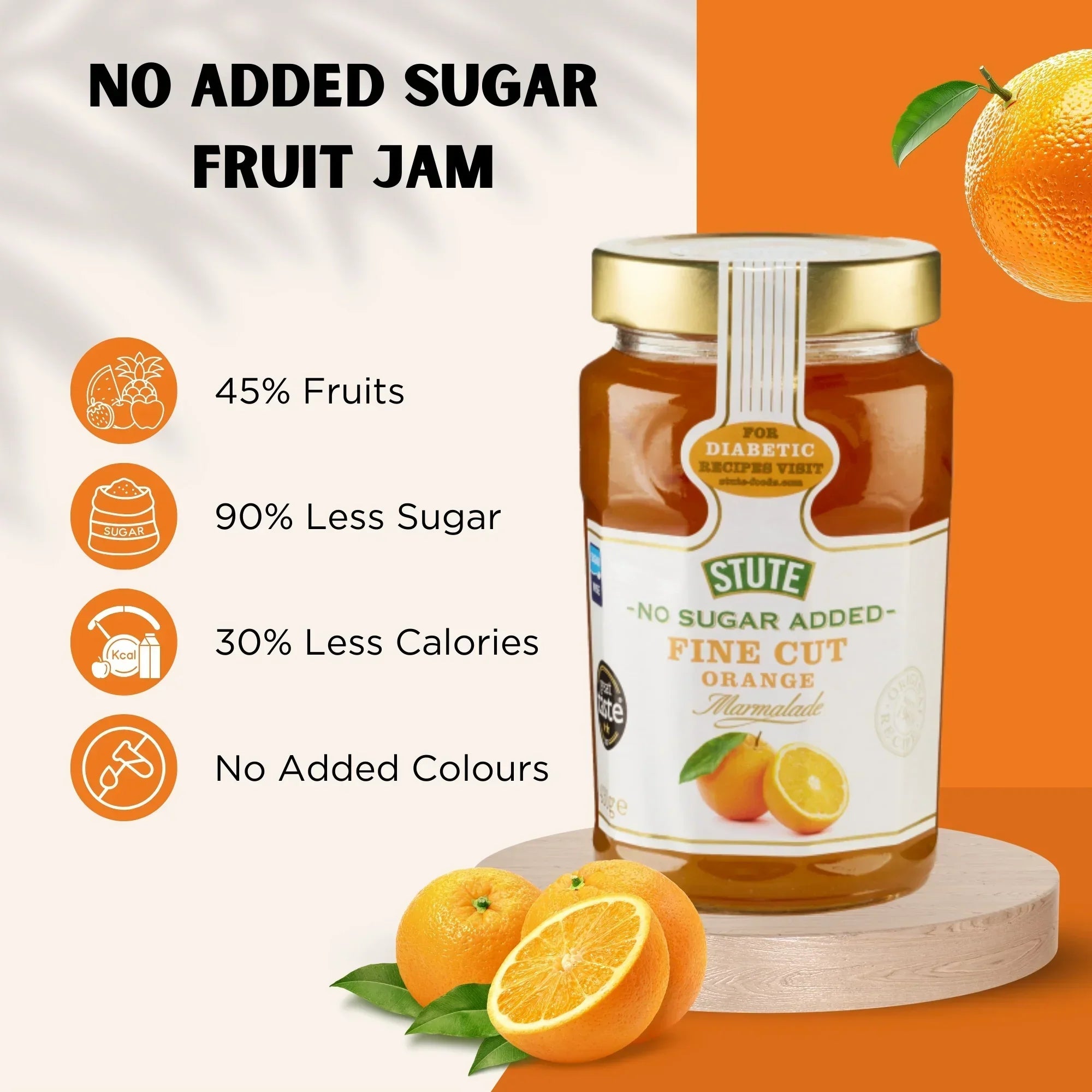Jar of Stute No Sugar Added Fine Cut Orange Marmalade with fresh oranges and health benefits text