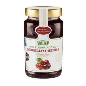 Jar of Stute No Sugar Added Morello Cherry Jam on a white background