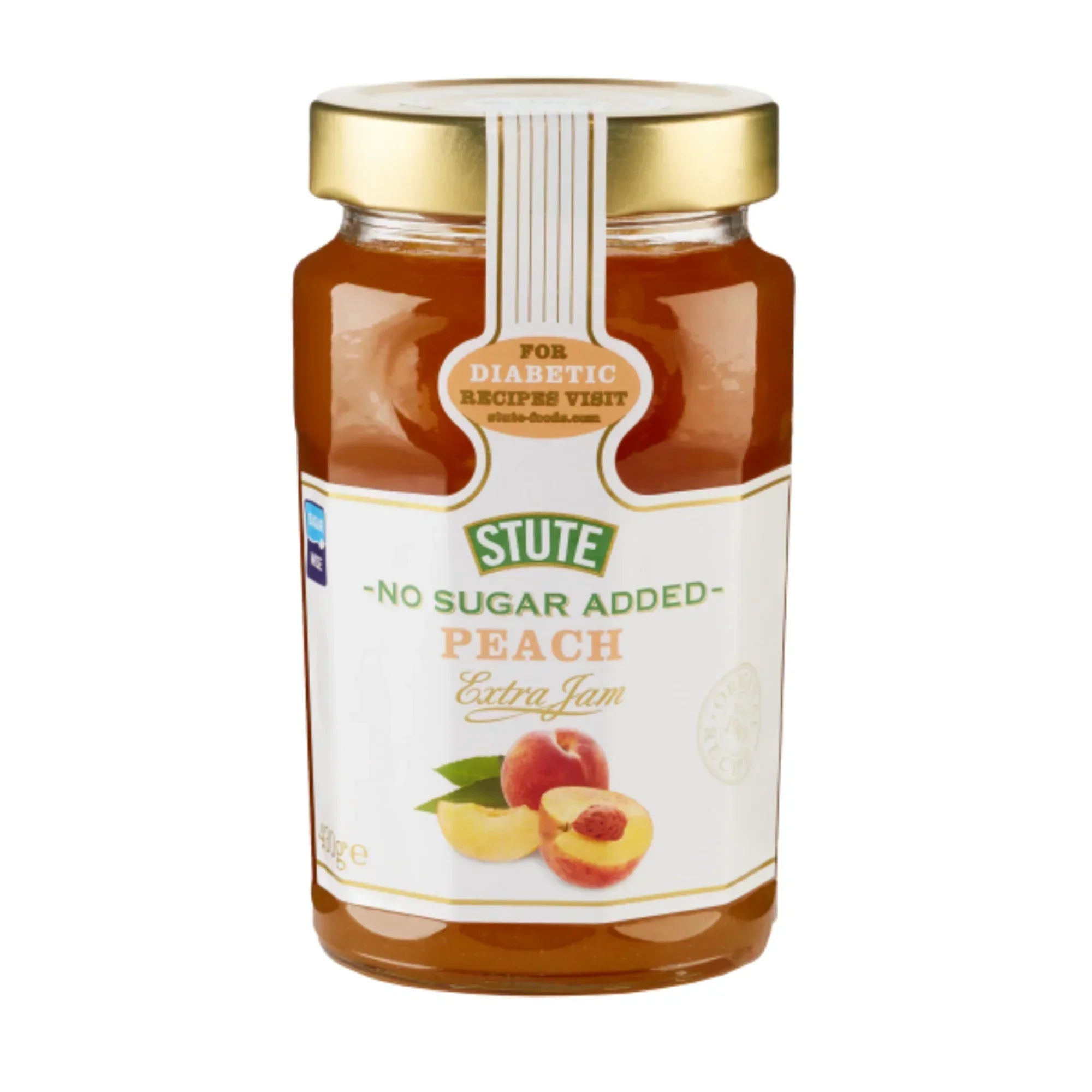 Jar of Stute No Sugar Added Peach Extra Jam with gold lid and peach fruit image on label