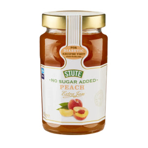 Jar of Stute No Sugar Added Peach Extra Jam with gold lid and peach fruit image on label