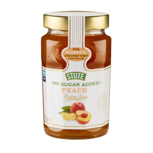 Jar of Stute no sugar added peach jam on a white background