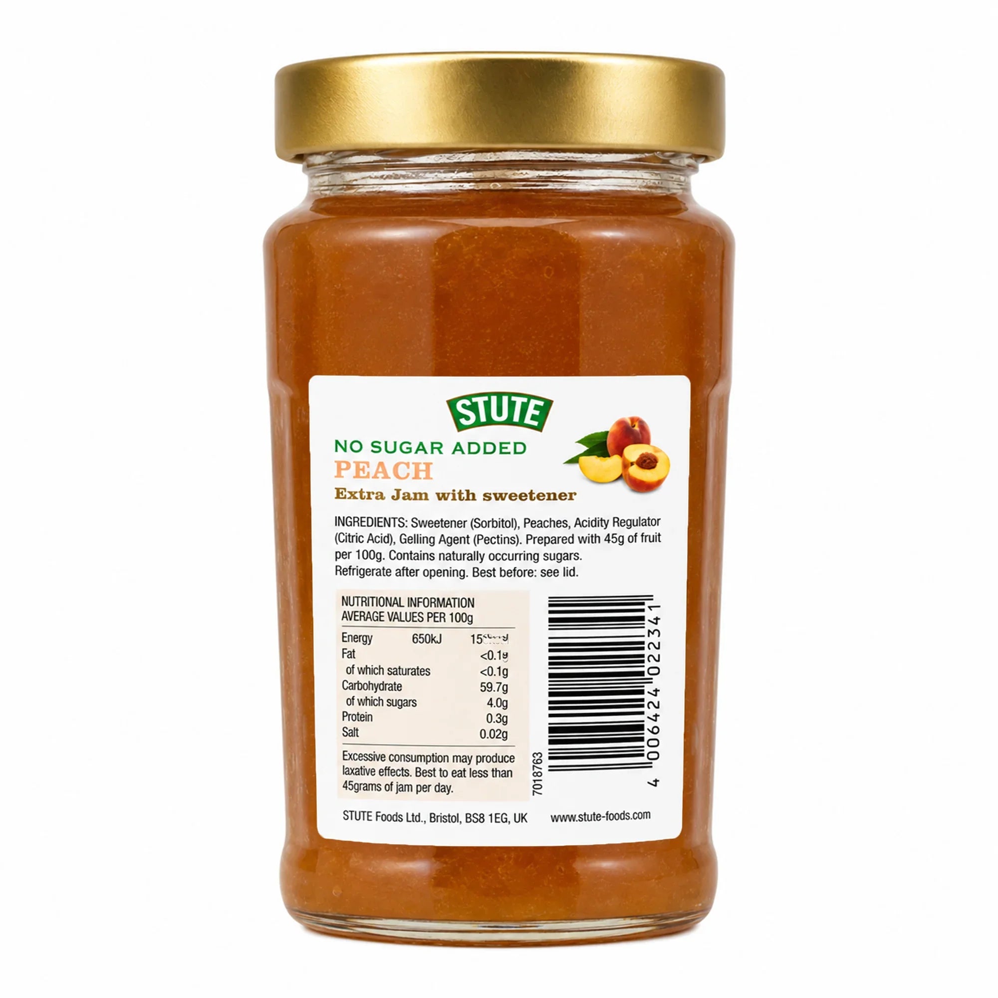 Jar of Stute no sugar added peach extract with a gold lid on a white background