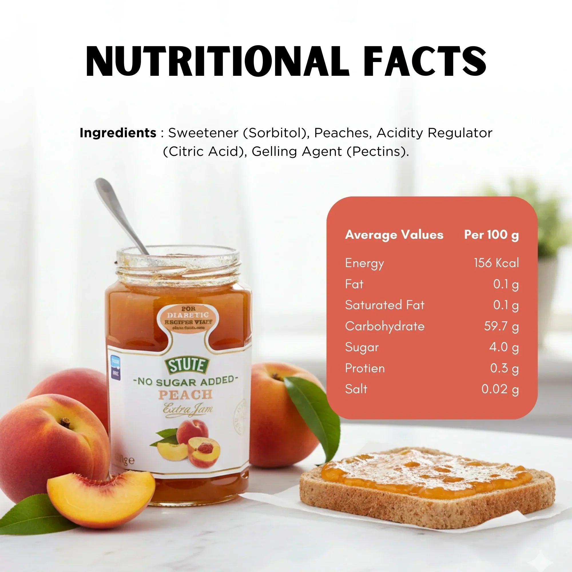 Stute no sugar added peach jam jar with fresh peaches and jam on toast, nutritional facts visible