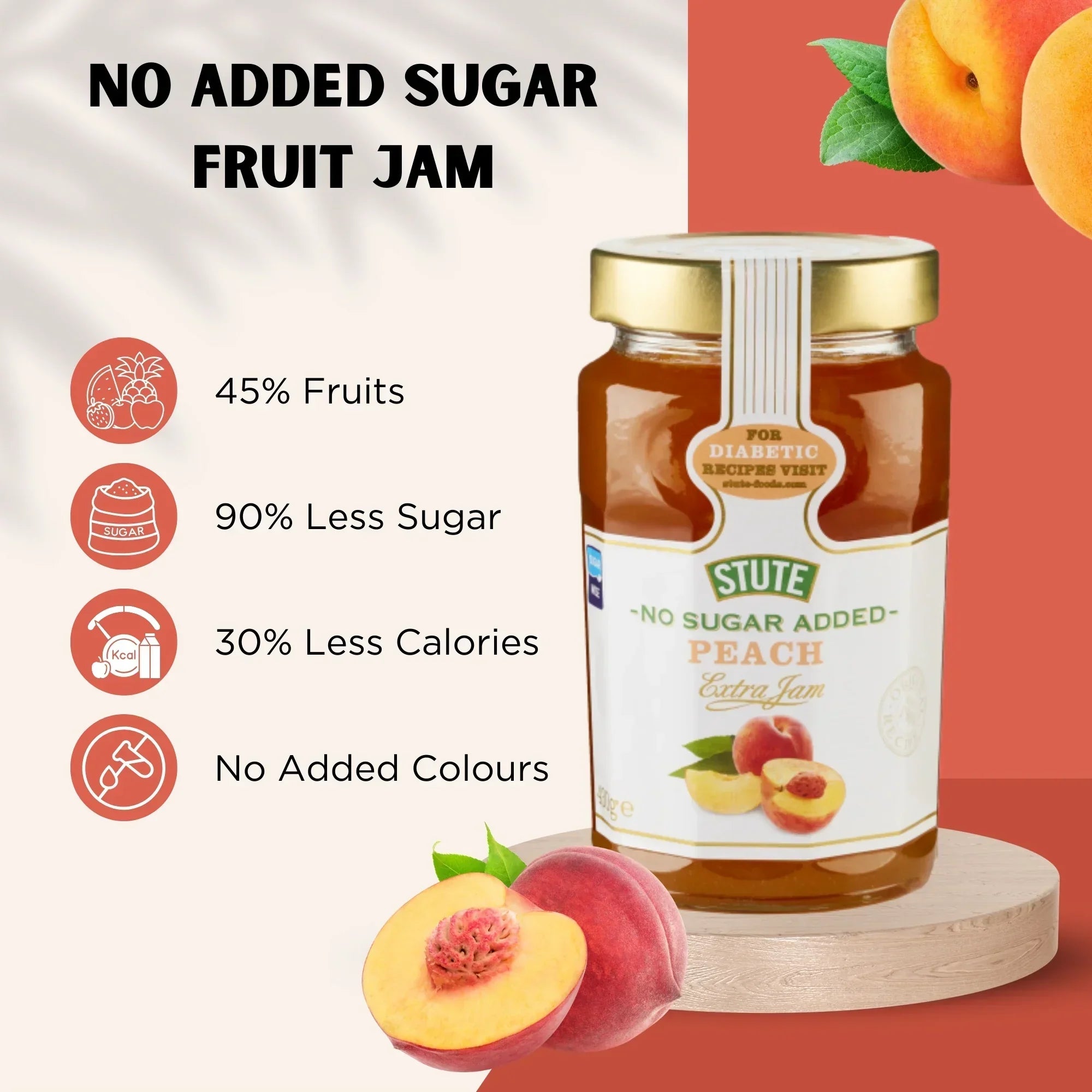 Jar of Stute No Sugar Added Peach Extra Jam with fresh peaches and text highlighting 45% fruit, less sugar, and no added colors