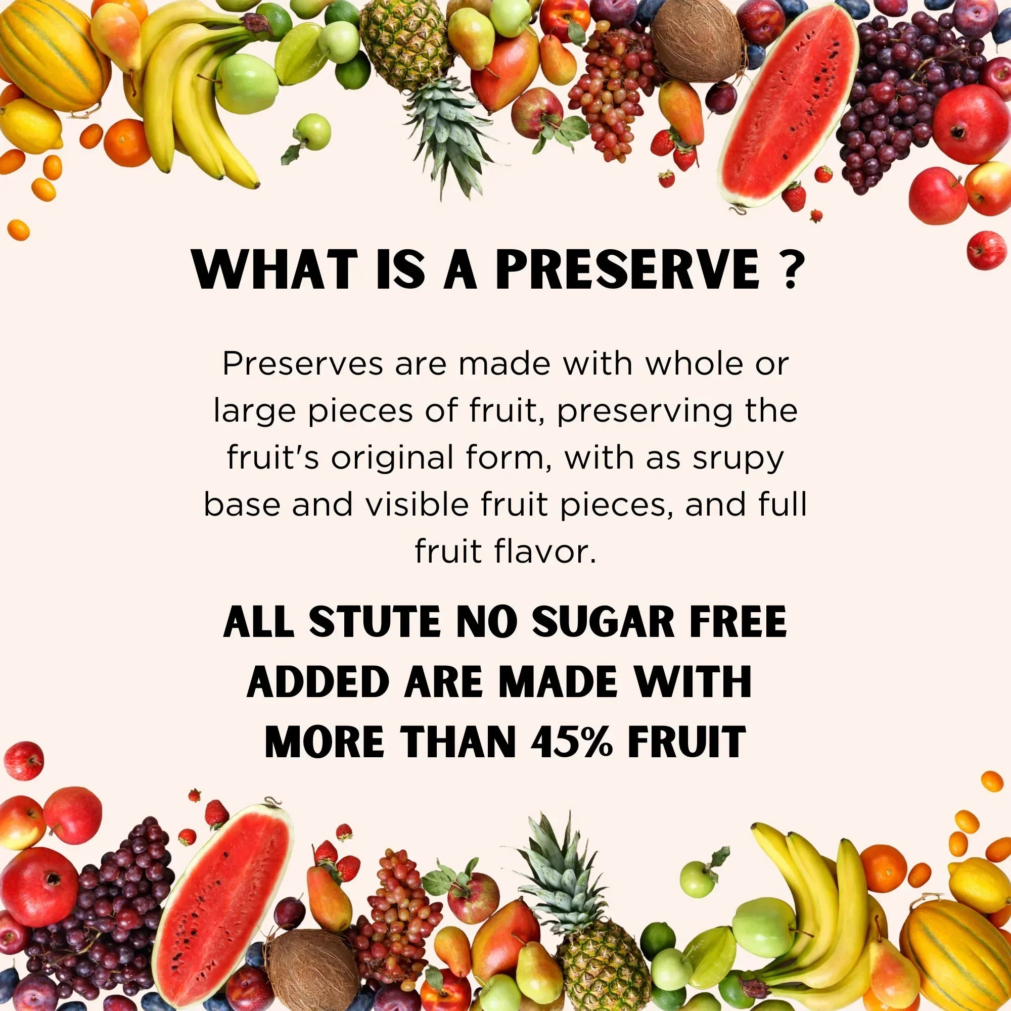 Informational graphic about preserves with colorful fruit border including bananas, pineapple, watermelon, grapes, and coconuts