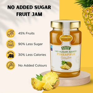 Stute no sugar added pineapple fruit jam jar with fresh pineapple slices and nutritional benefits on yellow background