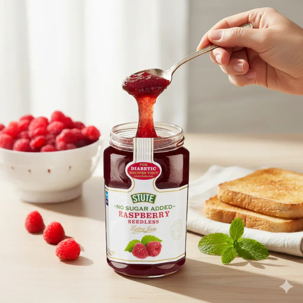 Hand holding spoon with no sugar added raspberry seedless jam over jar, fresh raspberries and toast on table