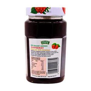 Stute no sugar added raspberry jam jar with sweetener and ingredient label