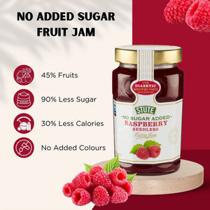 Jar of Stute no added sugar raspberry seedless jam with fresh raspberries and health benefits