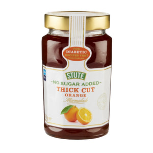Jar of Stute no sugar added thick cut orange marmalade on a white background