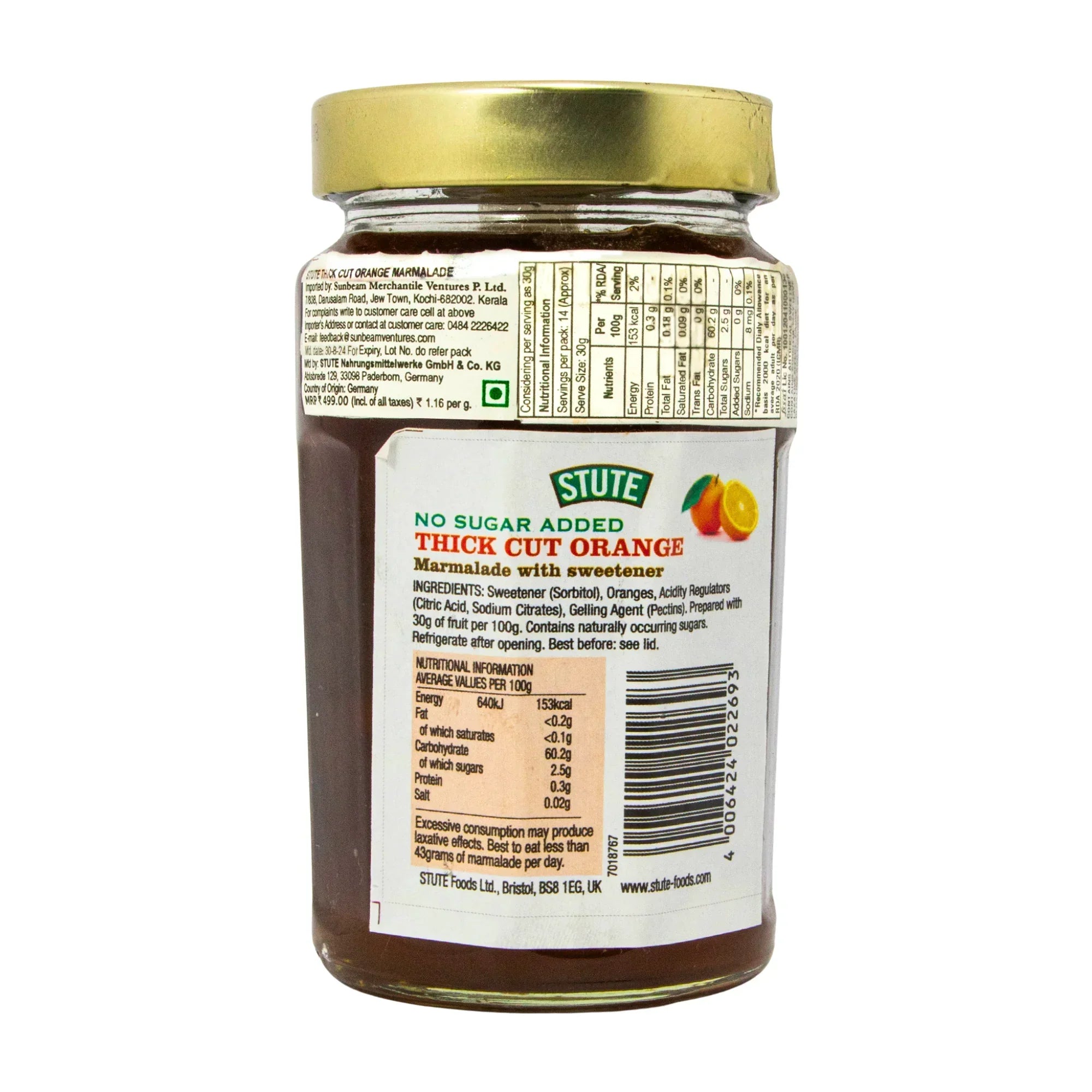 Jar of Stute No Sugar Added Thick Cut Orange Marmalade with sweetener and nutrition facts label