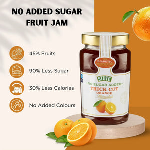Jar of Stute no added sugar thick cut orange marmalade with fresh oranges and health benefit icons