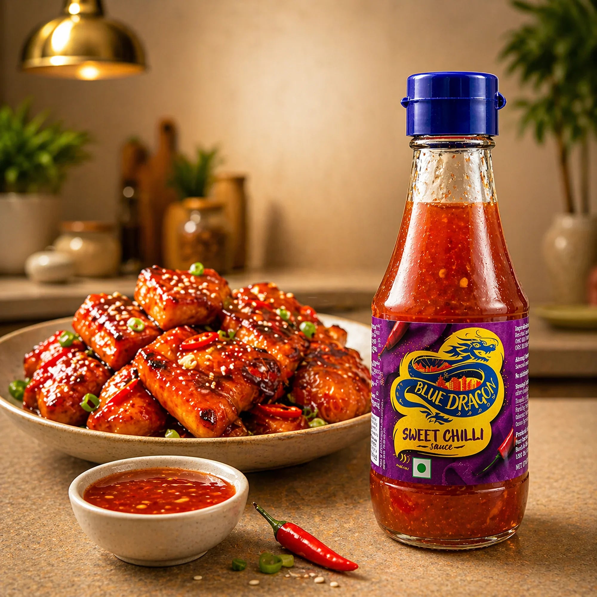 Bottle of Blue Dragon Sweet Chilli Sauce with glazed chicken wings, dipping sauce, and chili pepper on kitchen counter.