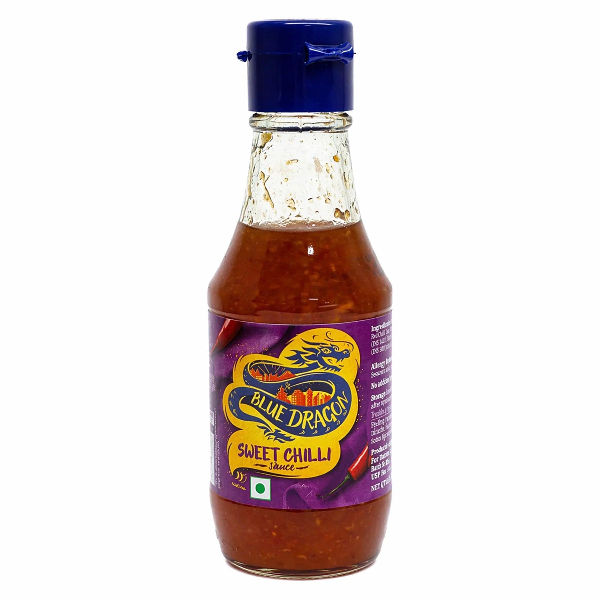 Glass bottle of Blue Dragon Sweet Chilli Sauce with blue cap and colorful label