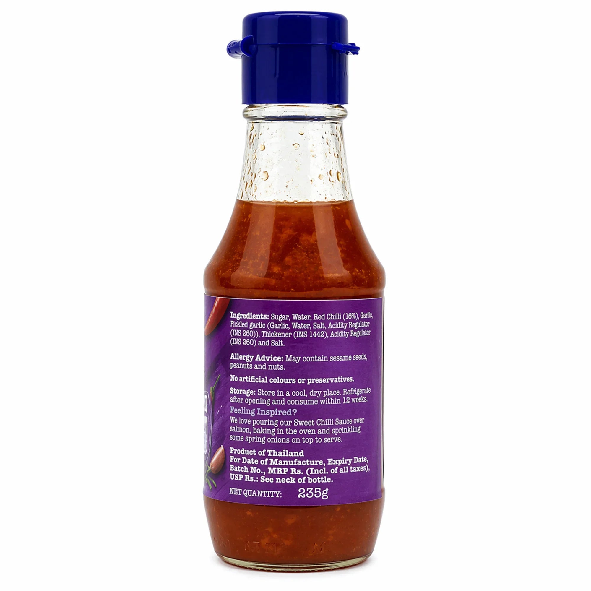 Glass bottle of sweet chilli sauce with blue cap, ingredient label visible, 235g