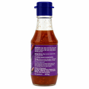 Glass bottle of sweet chilli sauce with blue cap, ingredient label visible, 235g