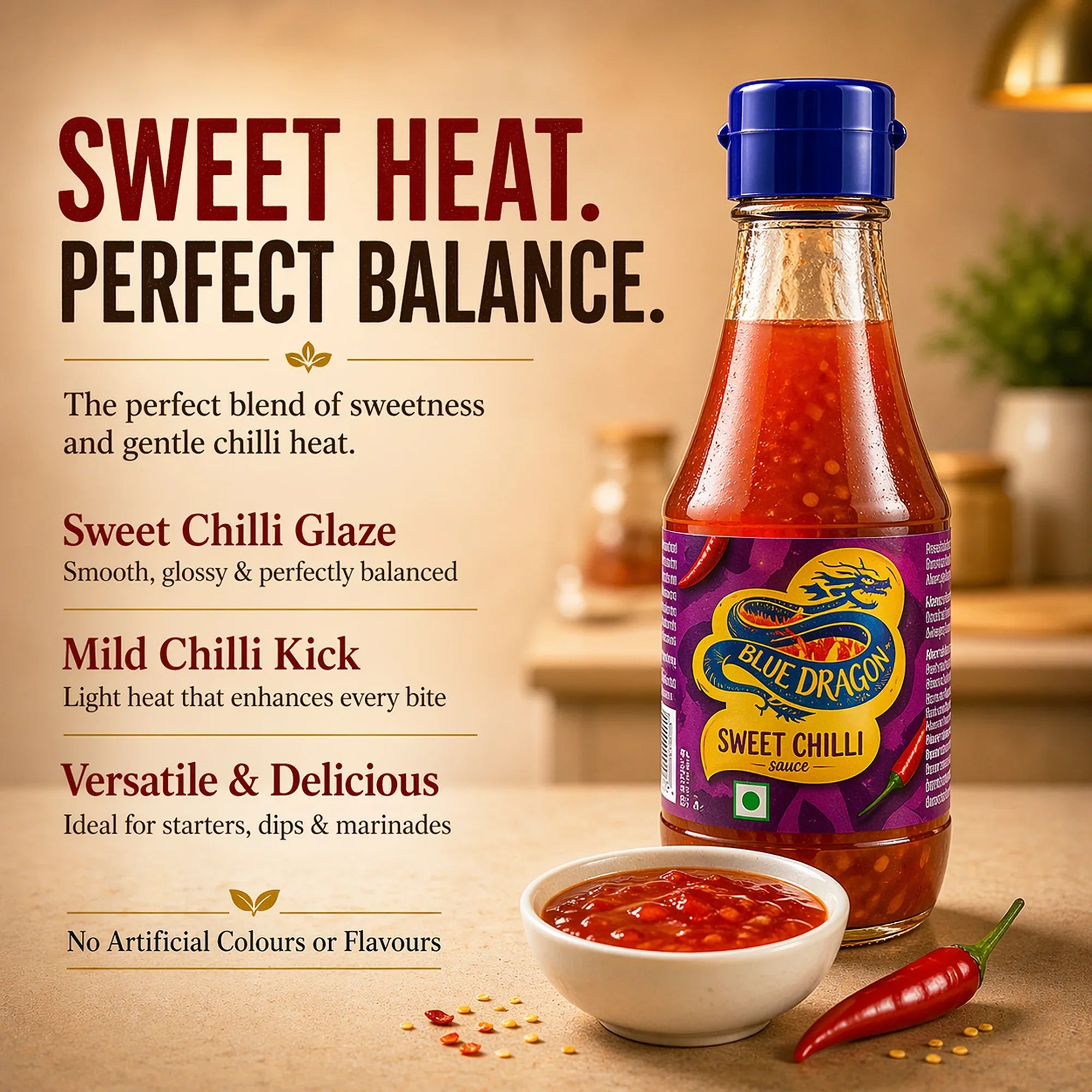 Bottle of Blue Dragon sweet chilli sauce with a bowl of sauce and red chili pepper on a kitchen counter