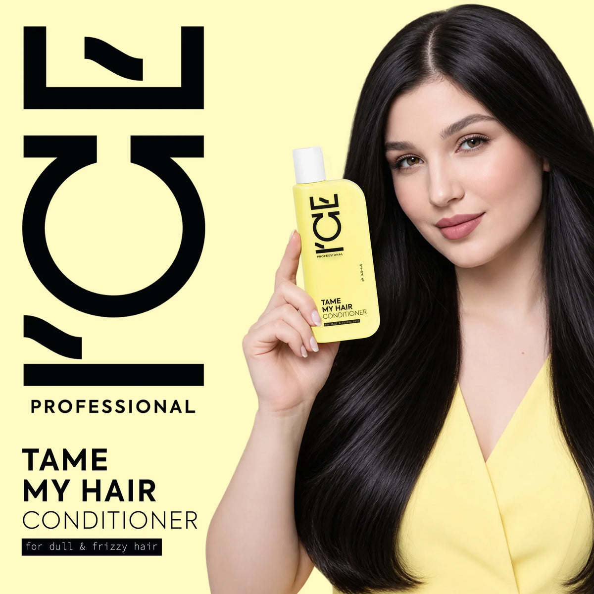 Woman with sleek black hair holding a yellow bottle of Ice Professional Tame My Hair Conditioner.