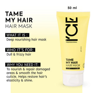 ICE Professional Tame My Hair deep nourishing hair mask for dull and frizzy hair, 50ml tube.