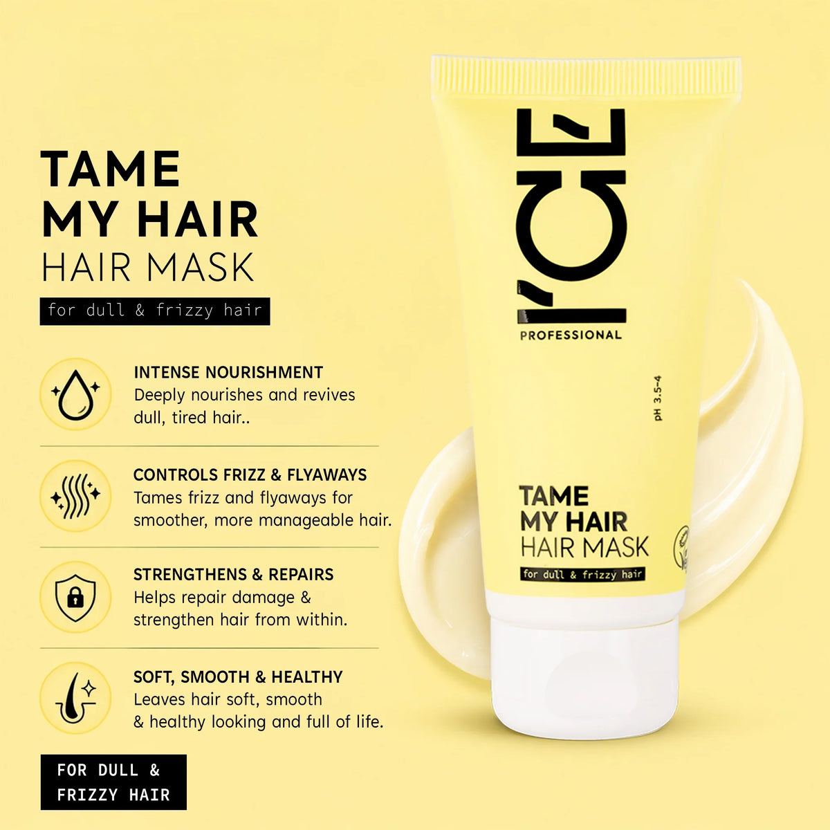 L'ICE Professional Tame My Hair Mask for dull and frizzy hair on a yellow background.