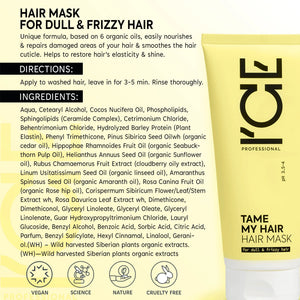 Tame My Hair mask for dull and frizzy hair in a yellow tube with vegan and cruelty-free icons.
