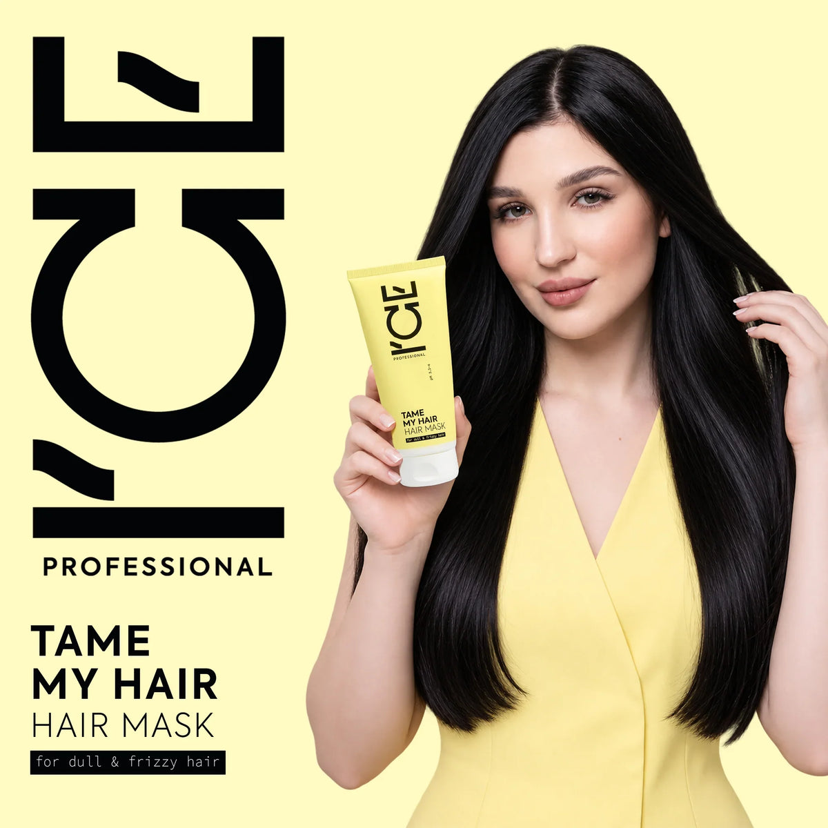 Woman with sleek black hair holding iCE Professional Tame My Hair Hair Mask.