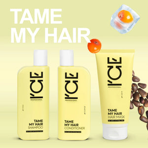I'CE Professional Tame My Hair shampoo, conditioner, and hair mask set for dull and frizzy hair.